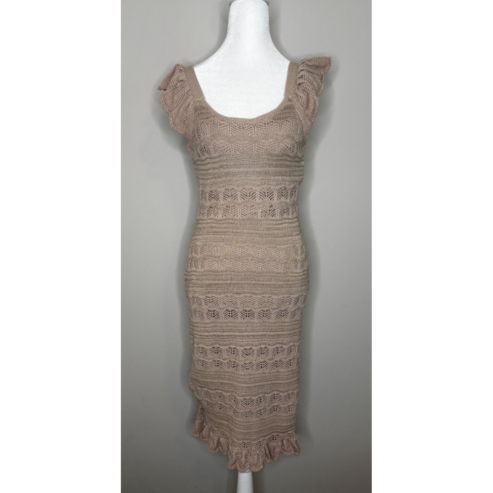 Freshman 1996 Sweater Knit Crochet‎ Midi Dress Tan Lined Ruffle Extra Small